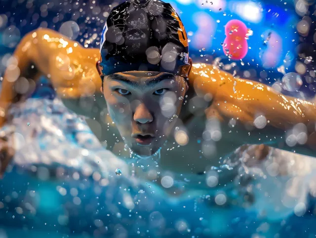 A Japanese male swimmer performs breaststroke mid-race with water splashes in an indoor pool.