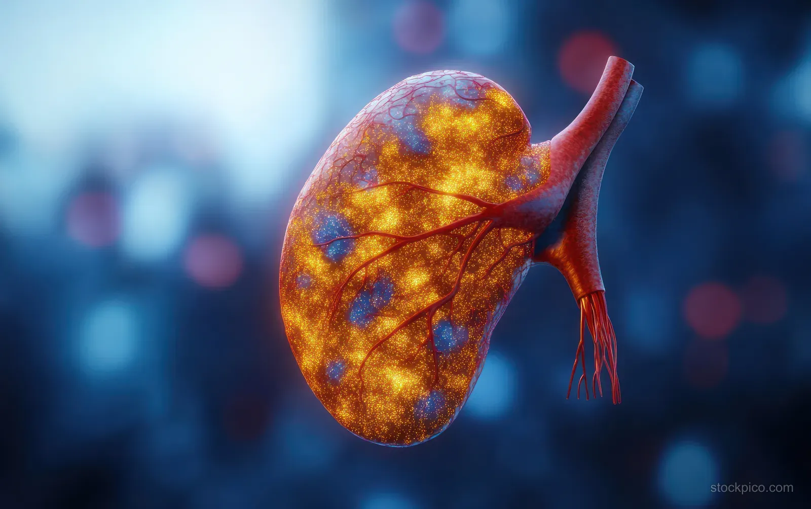3D model of a fatty human liver with highlighted vessels floating over a blurred blue medical background.