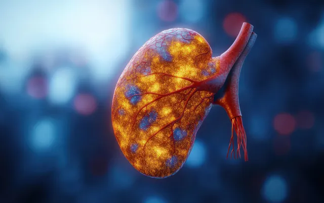 3D model of a fatty human liver with highlighted vessels floating over a blurred blue medical background.