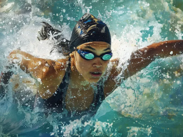 Female swimmer performs a breaststroke in a pool, with splashing water and a focused forward gaze.