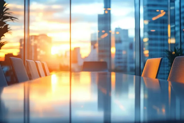 Empty conference room with panoramic windows and warm sunset light on a minimalist boardroom table.
