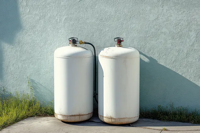 Two white gas cylinders stand side by side against a light blue wall with grass at the base and sunlight shadows.