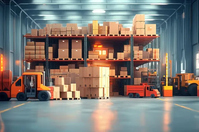 Low-poly warehouse with stacked cardboard boxes and orange forklifts under glowing overhead lights.