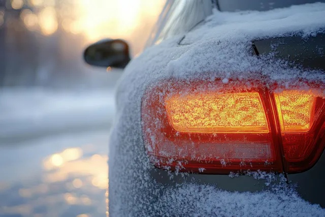 Car rear tail light glowing through snow, winter evening roadside with frosted paint detail