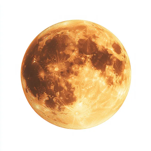 A close-up full moon with visible craters and glowing orange surface against a white background.