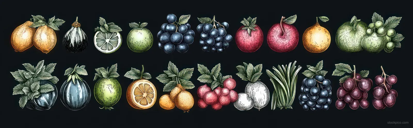 Hand-drawn fruits and berries with leaves arranged in two neat rows on a dark background.