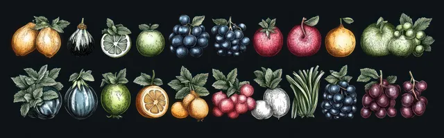 Hand-drawn fruits and berries with leaves arranged in two neat rows on a dark background.