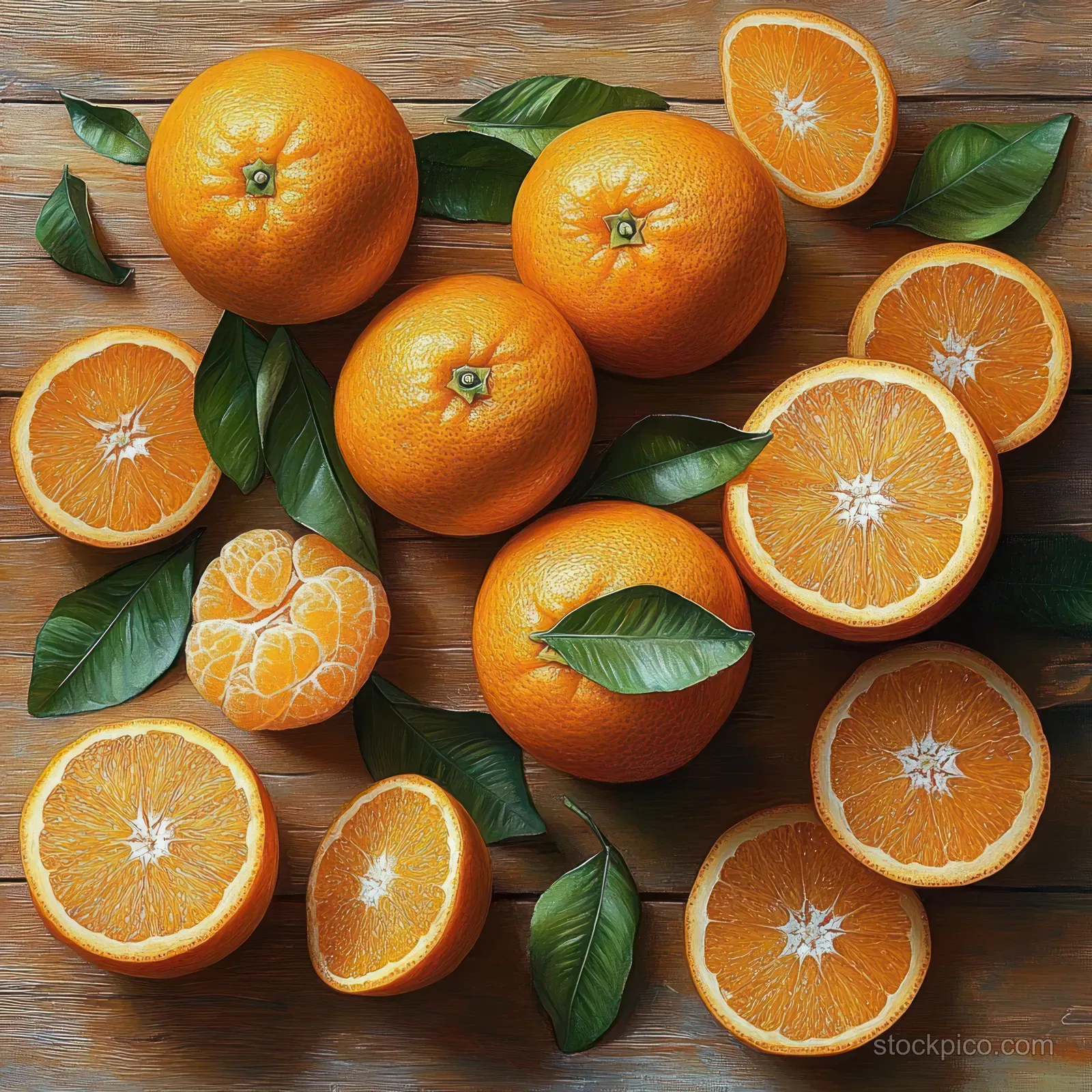Whole and sliced oranges with green leaves arranged on a rustic wooden table under natural light.