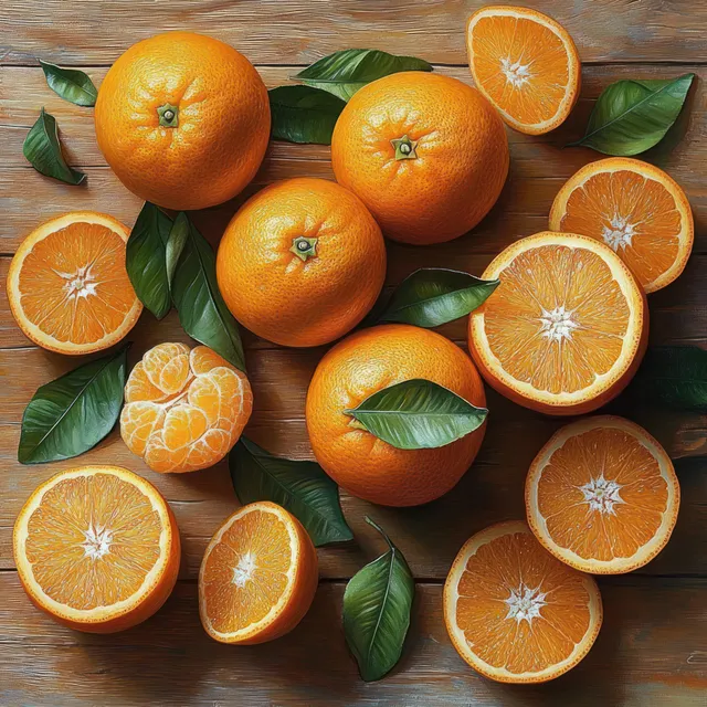 Whole and sliced oranges with green leaves arranged on a rustic wooden table under natural light.