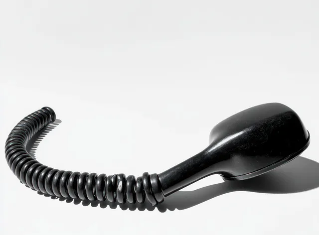 A black telephone handset with a coiled cord rests on a white surface, casting a sharp shadow.