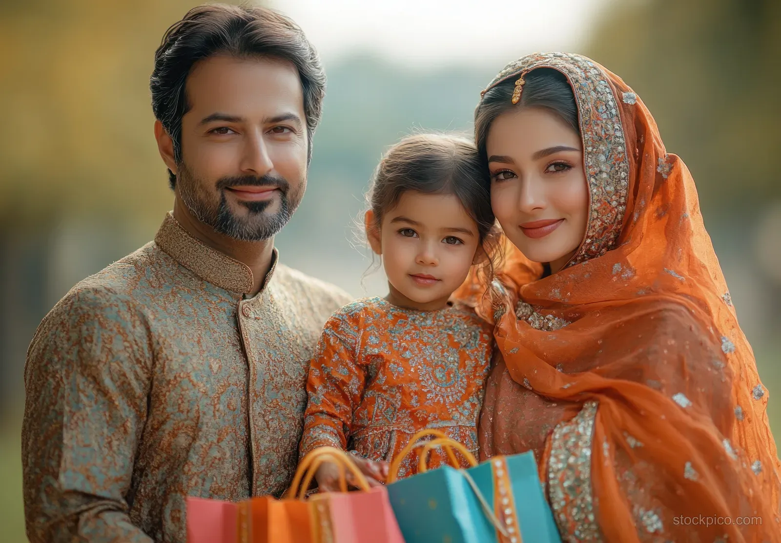 Indian family smiling together and holding colorful shopping bags during Diwali in a softly lit studio scene.