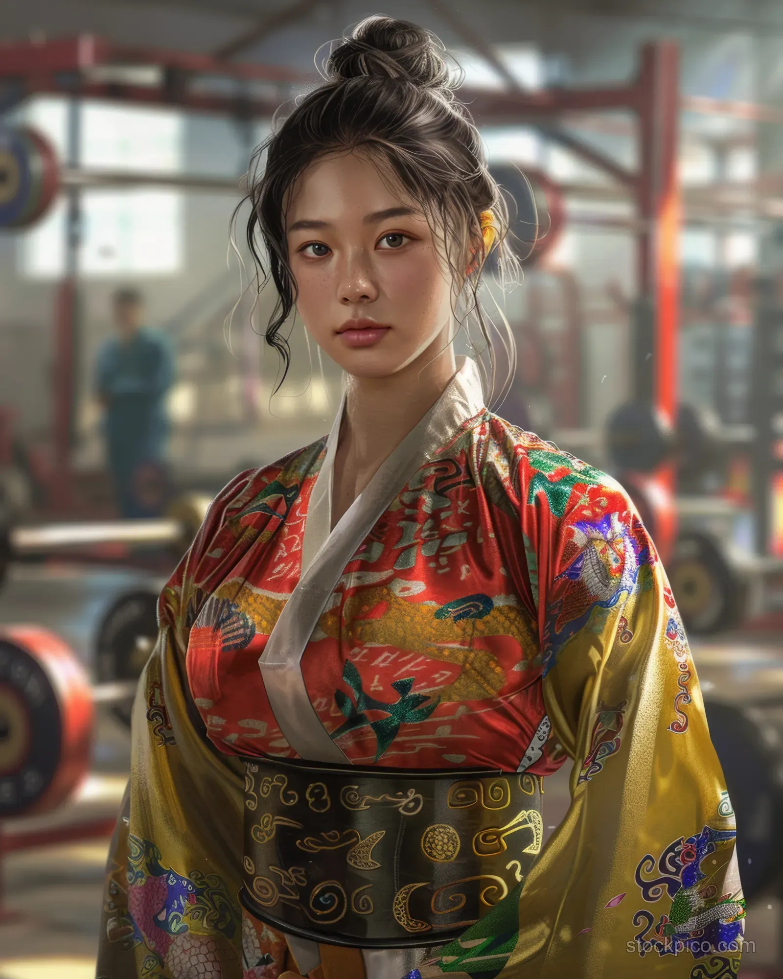 North Korean woman weightlifter stands in a gym beside barbell plates, wearing colorful patterned sportswear and focused expression.