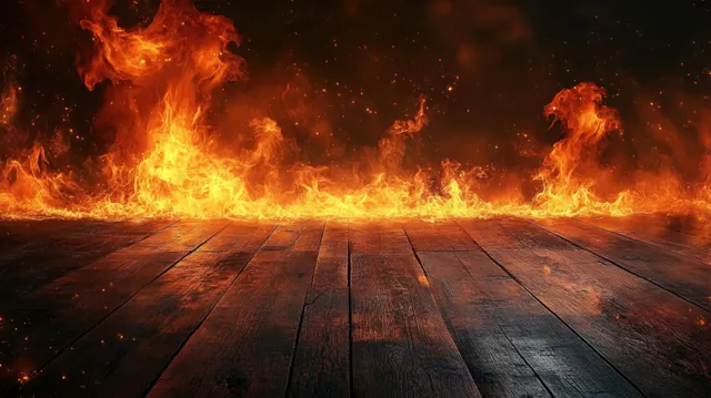 Wooden tabletop with dramatic flames and smoke on dark background