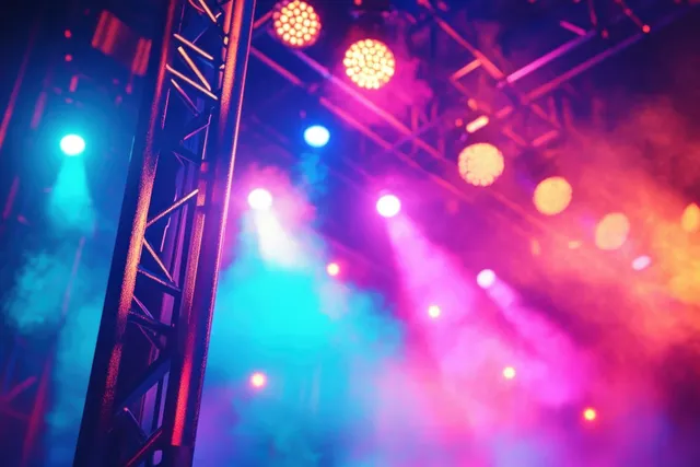 Colorful concert stage lights beam through fog, revealing truss rigging at night