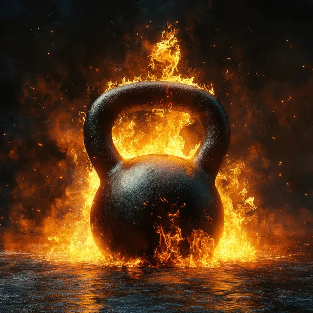 A kettlebell covered in burning fire erupts upward with glowing embers on a dark floor.