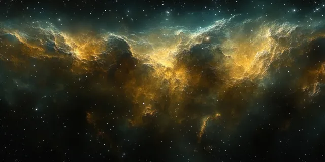 A glowing golden cosmic nebula stretches across a deep starfield background in a panoramic spherical view.