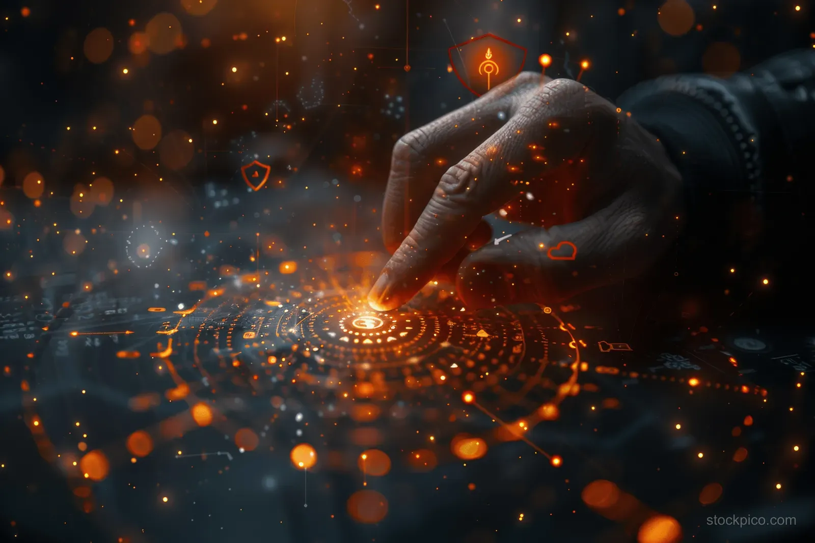 A hand draws a glowing digital calendar interface with meeting icons over a dark bokeh background.