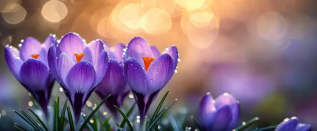 Close-up purple crocus blossoms with orange stigmas, dew droplets, warm bokeh background