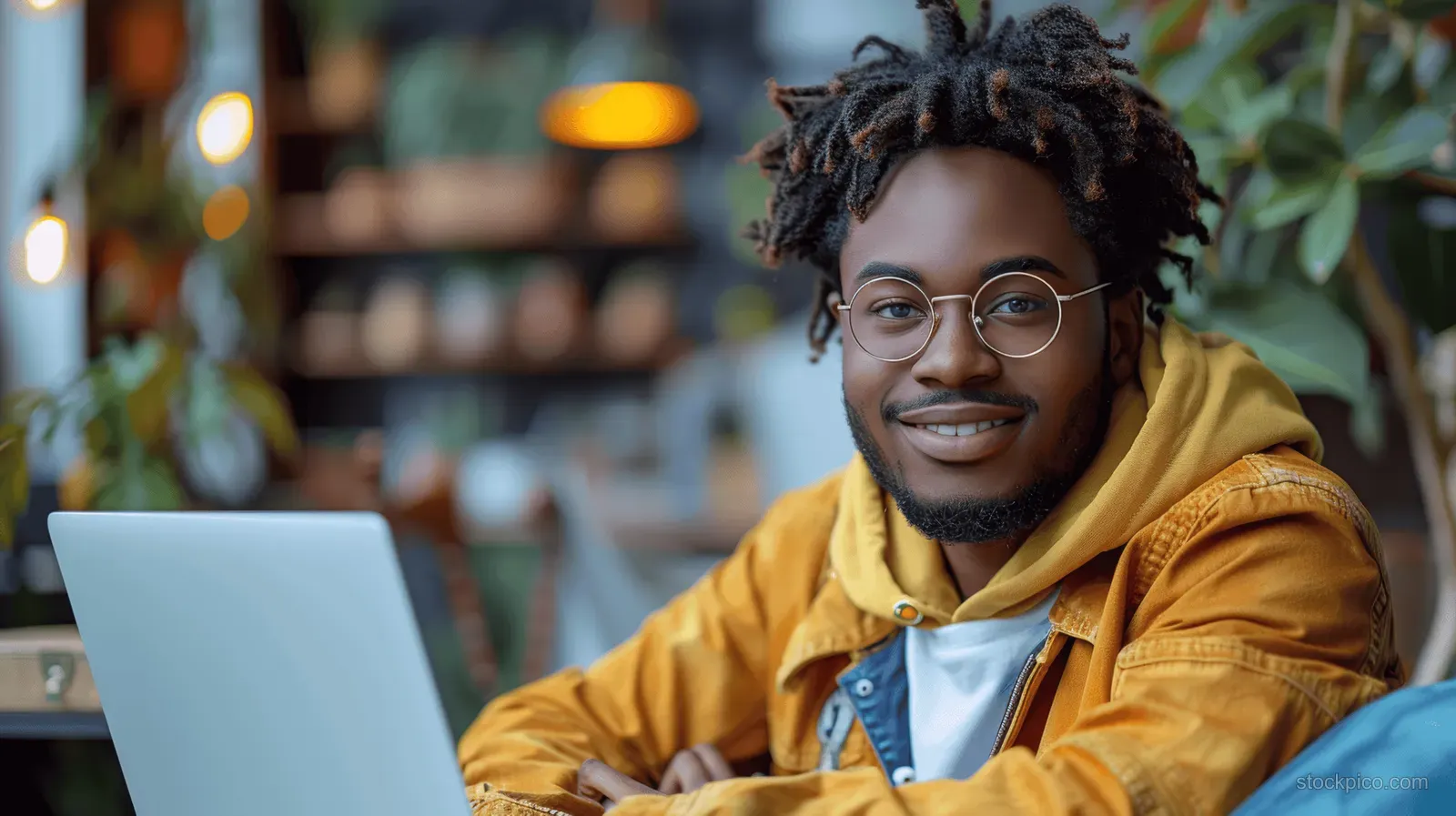 Cheerful young man with glasses holding a laptop while seated in a cozy café with soft blue lighting.