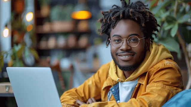 Cheerful young man with glasses holding a laptop while seated in a cozy café with soft blue lighting.