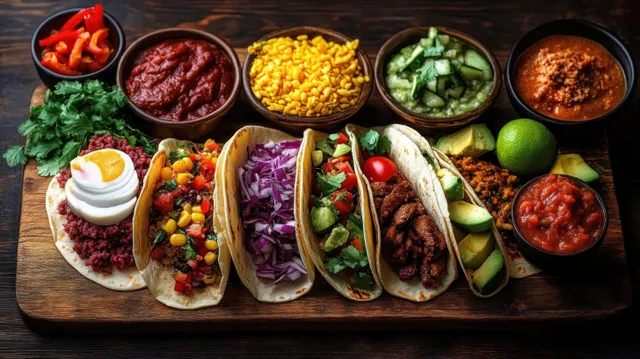 Assorted colorful tacos with minced meat and avocado sit on a wooden board beside bowls of salsa and corn.