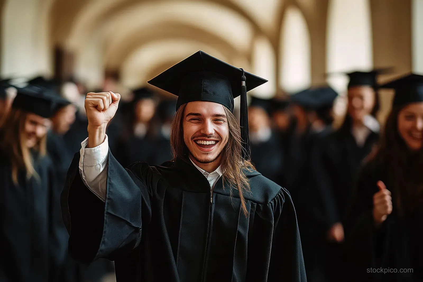 Smiling graduate in a cap and gown raises a fist while other graduates cheer in a bright arched hallway.