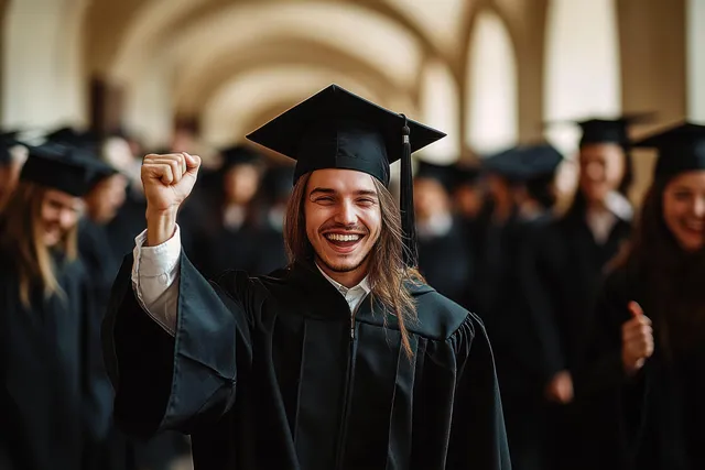Joyful graduate student in cap and gown cheering with raised fist in arched hallway