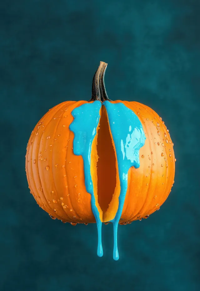 Vertical cut orange pumpkin with vivid blue paint dripping from the center against a teal background.