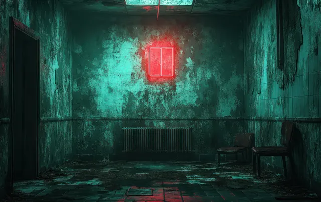 Abandoned industrial room with peeling walls, dim green light, and glowing red doorway