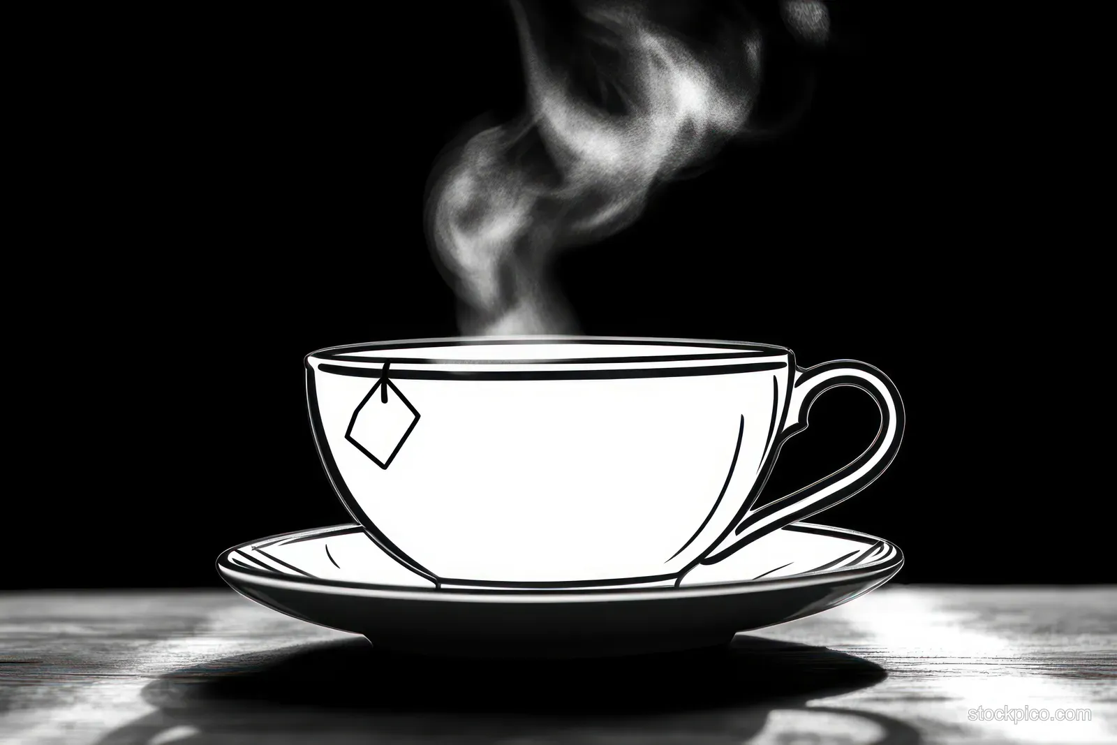 Steaming white cup of hot tea on a saucer atop a wooden surface against a dark background.