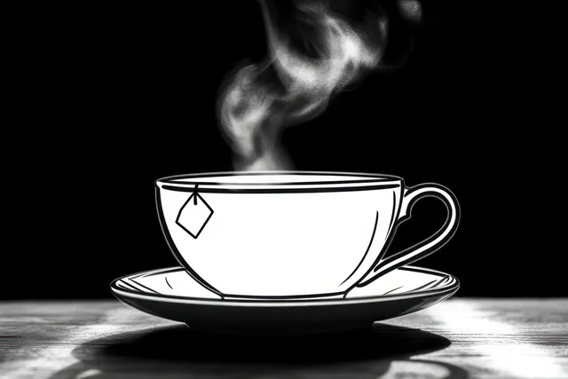 Steaming white cup of hot tea on a saucer atop a wooden surface against a dark background.