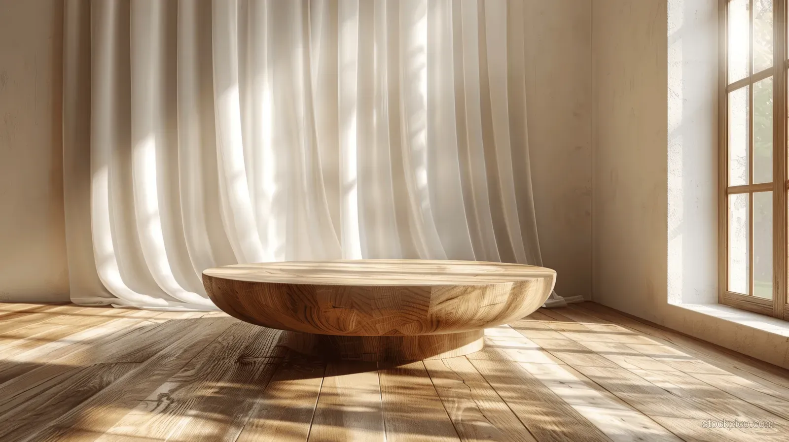 Round wooden podium table centered in a sunlit interior with flowing white curtains and long floor shadows.