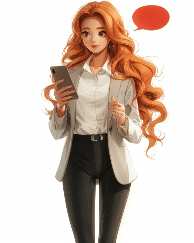 A 3D animated businesswoman in a suit texts on her smartphone with a red speech bubble on a white background.