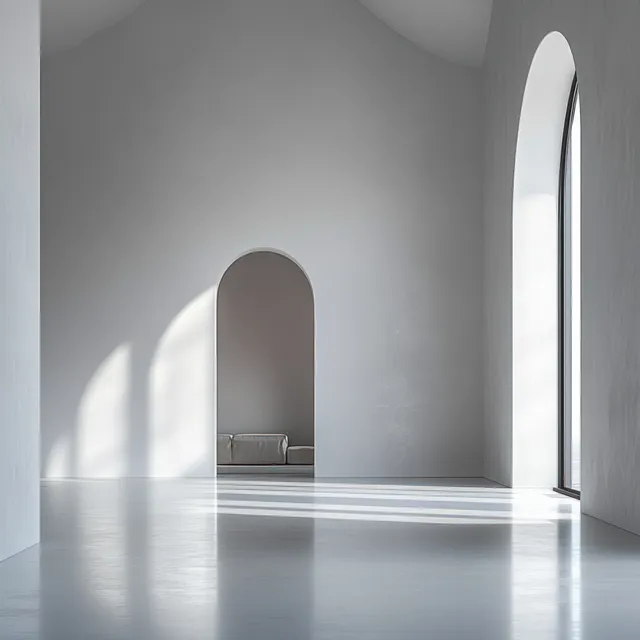Minimalist interior room with tall arched windows casting soft shadows over a cushioned bench