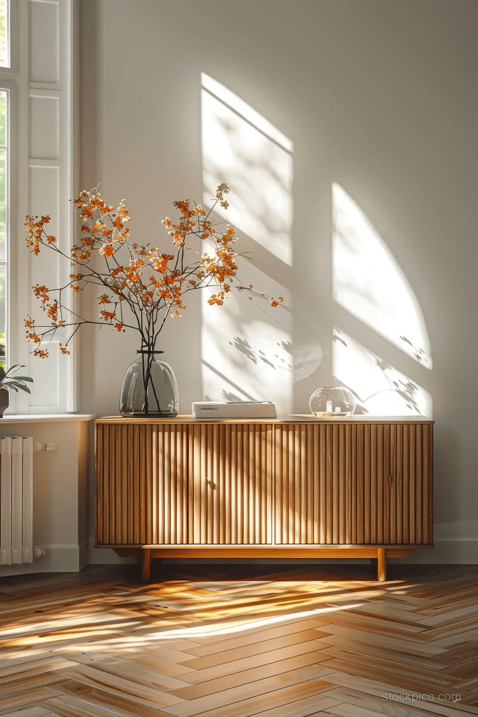 A wooden minimalist sideboard in a sunlit white interior with parquet floor shadows and a vase of flowers.