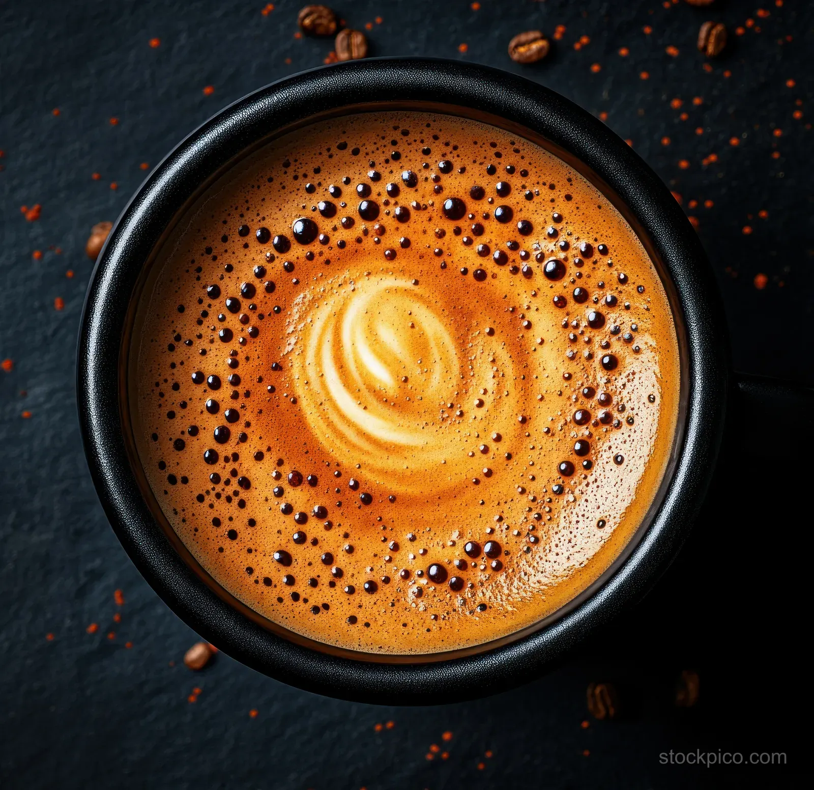 Top view of a black coffee cup filled with espresso crema swirl and scattered coffee beans.