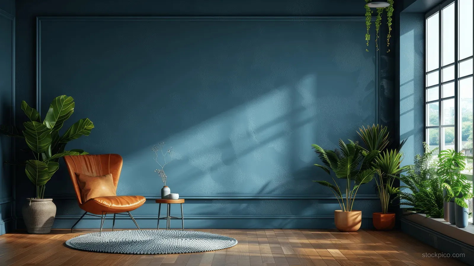 Dark blue living room wall with wooden floor, brown leather armchair, and potted plants beside a sunlit window.