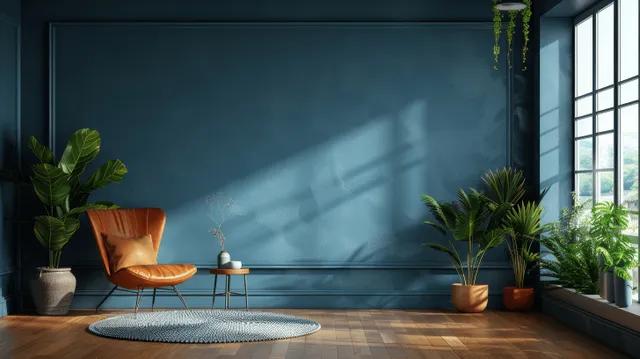 Dark blue living room wall with wooden floor, brown leather armchair, and potted plants beside a sunlit window.