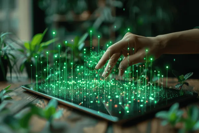 A hand taps a tablet displaying glowing green sustainability data above a desk with plants.