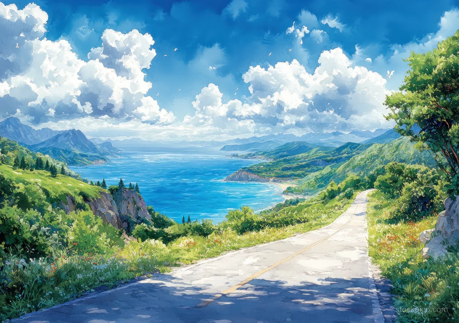 A winding road beside the sea with mountains and large white clouds overhead.