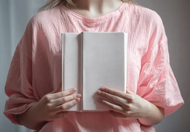 Person holding an open blank book template with soft light and minimal background