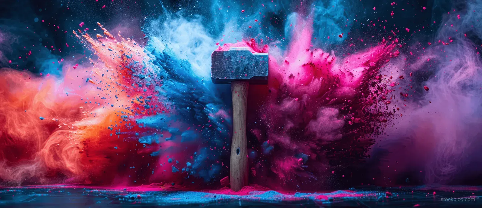 A hammer centered in frame surrounded by exploding blue and pink powder clouds.