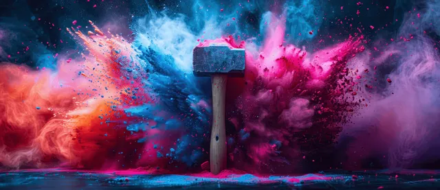 A hammer centered in frame surrounded by exploding blue and pink powder clouds.