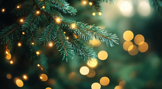 Christmas pine branches glowing with golden bokeh lights and soft winter sparkle