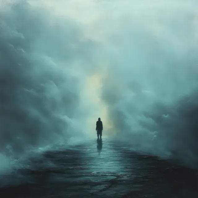 A lone silhouette walks down a dark road vanishing into swirling fog.