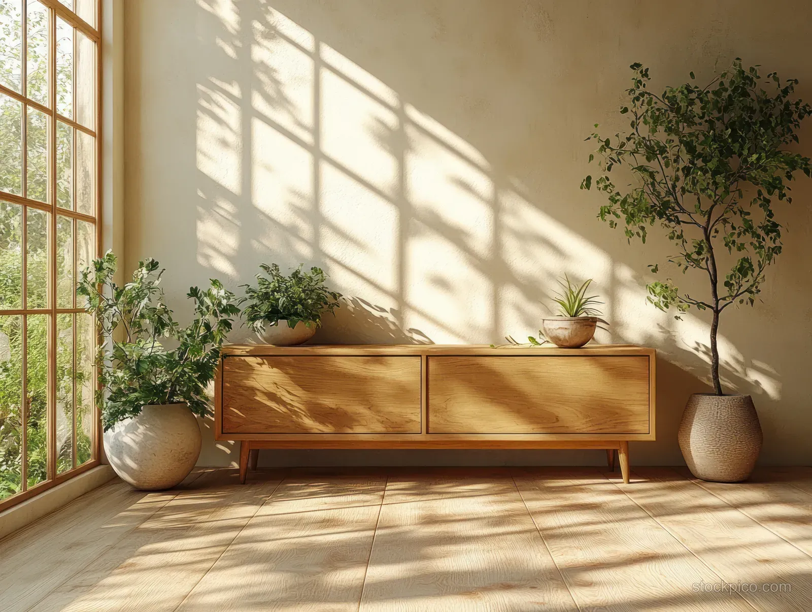 Sunlit Scandinavian living room with a wooden sideboard, potted plants, and light shadows on beige tile floor.