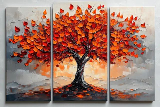A three-panel painting displays a dark tree with dense orange leaves against muted gray and autumn-colored abstract backgrounds.