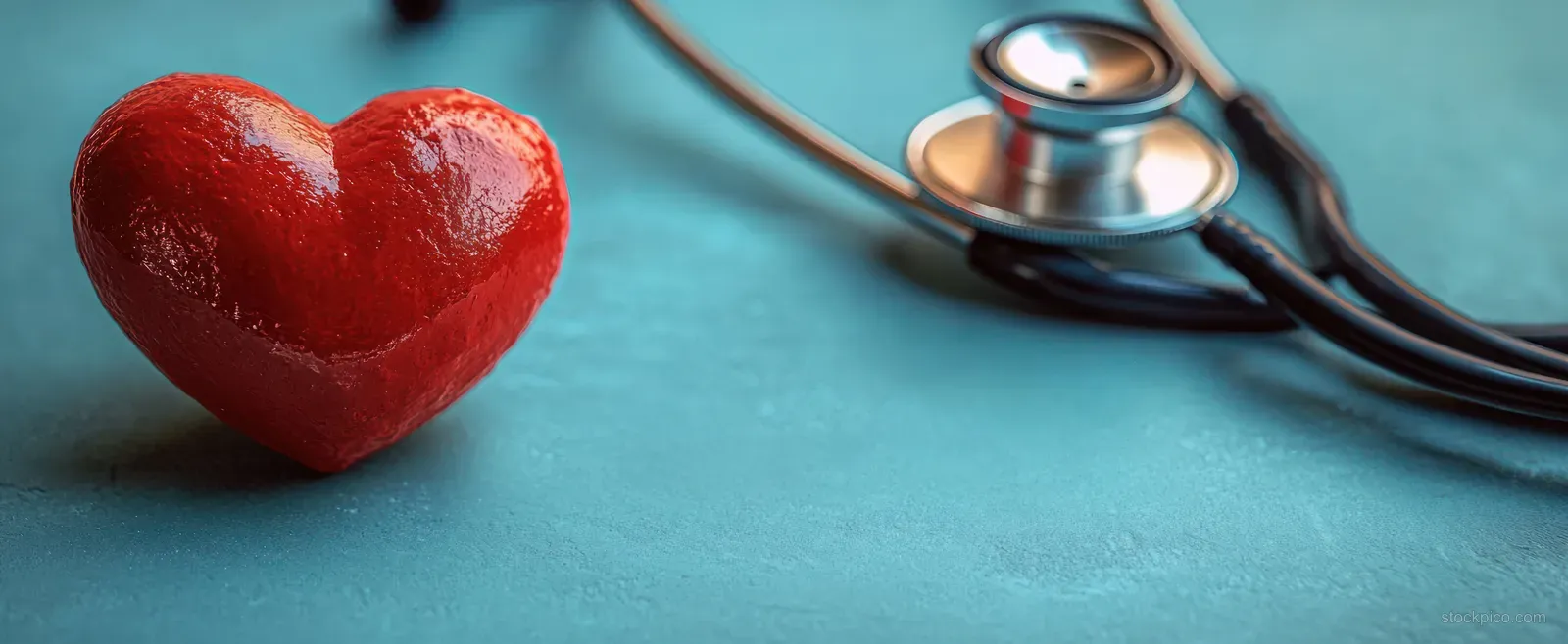 A red heart rests beside a stethoscope on a teal medical background.