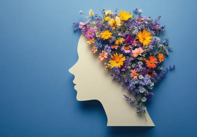 Side profile head silhouette made of colorful flowers against a blue background.