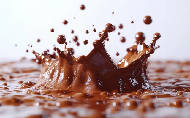 Chocolate liquid splash with ripples and falling cocoa droplets on a light background
